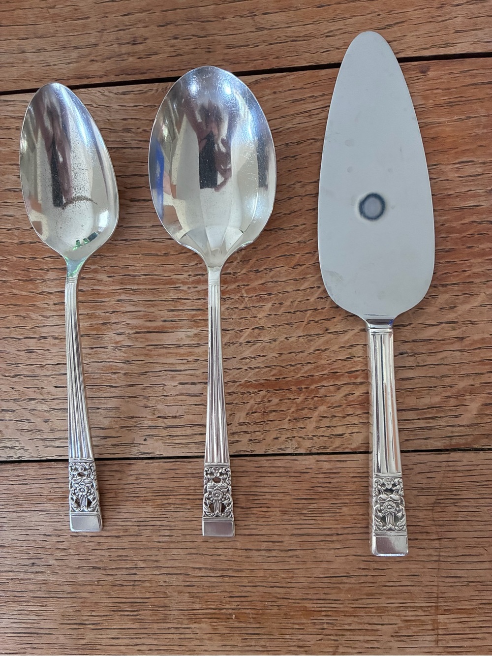 Oneida Silver Floral-Handled Serving Spoon and Cake Server Trio